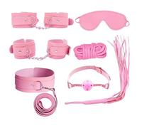 PIYAEIE Pink Bondage Kit 7Pcs - Adjustable Leather Handcuffs, Ankle Cuffs, Blindfold & Whip Set for Couples Role Play, Bedroom & Party