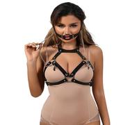 PIYAEIE PU Leather BDSM Chest Restraints Harness Blet with Nipple Clamps & O ring Open Mouth Flirting Toys,Adjustable Bondage Restraints Set for Adult Couples BDSM Sex Games