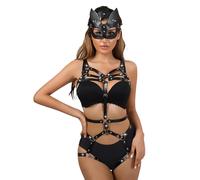 PIYAEIE Women's 3PCS PU Leather Body Harness Set with Cat Mask Adjustable