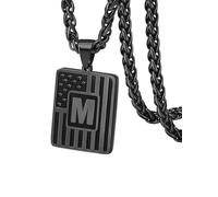 PIYIZ Black Initial Necklace for Men, Stainless Steel Box Chain Square Letter Pendant Personalized Dog Tag Necklaces American Flag Necklaces 24", M, Stainless Steel Black Metal, No Gemstone