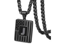 PIYIZ Black Initial Necklace for Men, Stainless Steel Box Chain Square Letter Pendant Personalized Dog Tag Necklaces American Flag Necklaces 24", M, Stainless Steel Black Metal, No Gemstone