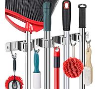 Piyl Broom Holder Wall Mount Garden Tool Organizer,Mop Hanger Wall Mounted Garage Storage,Kitchen,Laundry Utility Rack With 5 Clips and 6 Hooks-Metal Wall Holder For Broom, Rake,Mop Handles Up To 3/4”