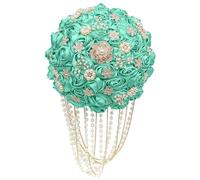 piyulk Handmade Luxury Wedding Bridal Hand Bouquet Silk Rose Throw Artificial Flower Bouquet with Pearl Tassel Rhinestone Bridal Vintage Royal Wedding Bouquet Decoration(Tiffany)