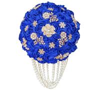 piyulk Handmade Luxury Wedding Bridal Hand Bouquet Silk Rose Throw Artificial Flower Bouquet with Pearl Tassel Rhinestone Bridal Vintage Royal Wedding Bouquet Decoration(Royal blue)