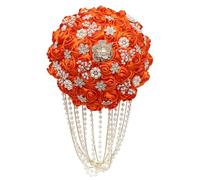 piyulk Handmade Luxury Wedding Bridal Hand Bouquet Silk Rose Throw Artificial Flower Bouquet with Pearl Tassel Rhinestone Bridal Vintage Royal Wedding Bouquet Decoration(Orange)