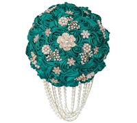 piyulk Handmade Luxury Wedding Bridal Hand Bouquet Silk Rose Throw Artificial Flower Bouquet with Pearl Tassel Rhinestone Bridal Vintage Royal Wedding Bouquet Decoration(Dark green)