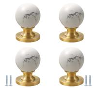 PIYYQNY Cupboard Handles 4 Pack 25mm Solid Brass Drawer Pulls Marble Print Cabinet Knobs for Wardrobe Doors Dressing Tables Kitchen Handles Home Decor(White)