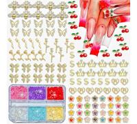 Pizadix 135 Pcs 3D Gold Nail Charms Set with Bees, Butterflies, Roses, Bows, Cherries, Dollars, Crowns, Cherry Blossoms Petals Y2k Nail Charms Plus a Box of Flowers