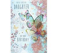 Stunning Artistic Female/Girl's Birthday Card from The Beautiful Pizazz Embellished Range - Special Daughter - Turquoise Butterflies with an Elegant Flitter Finish - Greeting Card for Her (NQ-DR492)