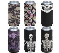 Pizding 6pcs Can Cooler Sleeves Beer Blank Cover, Soft Insulated Reusable Drink Coolies Beer Holders for Outside Activity Perfect for Projects,Holidays,Sport Events,Picnic Skull Sugar Skull Pattern