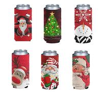 Pizding 6pcs Christmas Santa Easy Carry Beer Can Cooler Tall Holder Foldable Can Cooler Sleeves Blank Beer Cooler Bags Fits Slim Energy Drink&Beer&Water for Party BBQ Picnic Sports Game