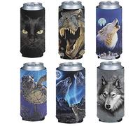 Pizding 6pcs Easy Carry Beer Can Cooler Tall Holder Foldable Can Cooler Sleeves Blank Beer Cooler Bags Fits Slim Energy Drink&Beer&Water for Party BBQ Picnic Sports Game Wolf Dinosaur Sea Turtle