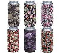 Pizding 6pcs Skull Sugar Skull Design Elastic Flexible Standard Beer Can Cooler, Drink Coolies Foldable Insulators for Cans Beer Cooler Bags Fit 12oz Energy Drink Beer Tea for Weddings Parties Events