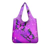 Pizding Bling Crystal Purple Butterfly Design Reusable Grocery Bags, Large Storage Tote Bags Box Foldable into Attached Pouch,Polyester Fabric Shopping Bags Washable Durable and Lightweight