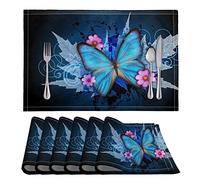 Pizding Blue Elegant Butterfly Maple Leaf Placemats, Stain Resistant Anti-Skid Easy to Dry PVC Table Mats Kitchen Place Mats, Set of 6 for Picnics Weddings Brunches Everyday Use