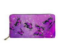 Pizding Leather Wallets for Women Lady Purple Butterfly Print Travel Business Shopping Money Clips Handbag Purse Zipper Clutch Bag