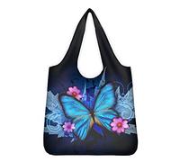 Pizding Shopping Storage Tote Bags Reusable Grocery Bags With Pouch Unique Gift Bags Washable Rip Stop Fabric Durable Light Weight Blue Vintage Butterfly Maple Leaf Flowers Design