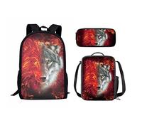 Pizding Wolf Print Kids Backpack School Bag Capacity Lunch Box Bag Durable Pencil Case for Student Daypack Adjustable