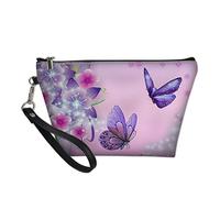 Pizding Women Travel Cosmetic Bag Purple Butterfly Print Organizer Zipper Makeup Bags Pouch Toiletry Black