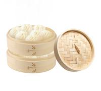 Pizsieat 2 Tier Bamboo Steamer Basket with Lid Asian Steamer for Dumplings, Rice, Dim Sum, Vegetables, Meat (20 x 20 x 18.5 cm)