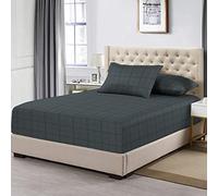 Pizuna 100% Cotton Anthracite Grey Big Checks SuperKing Fitted Sheet, 300 Thread Count Long Staple Cotton Damask Bedding, 180x200cm Checked Bedding Sheets with 40 cm Deep Pocket (Sateen Fitted Sheet)