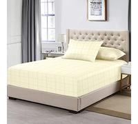 Pizuna 100% Cotton Cream Big Checks King Size Fitted Sheets, 300 Thread Count Long Staple Combed Cotton Damask Bedding, 40 cm Deep Fitted Sheet (160cm x 200cm Check Bedding)