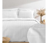 Pizuna 100% Cotton Duvet Cover Set White 300 Thread Count Checks | Checked Long Staple Cotton Sateen Weave Damask Pattern Double Bedding 4 with Corner Ties and Hidden Button Closure