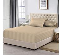 Pizuna 100% Cotton Satin Stripe Taupe SuperKing Sheet, 300 Thread Count Long Staple Cotton Damask Bedding, Satin Stripe 180cm x 200cm Fitted Sheets with 40 cm Deep Pocket (Sateen Fitted Sheet)