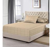 Pizuna 100% Cotton Taupe Big Checks SuperKing Fitted Sheet, 300 Thread Count Long Staple Cotton Damask Bedding, 180x200cm Fitted Sheets with 40 cm Deep Pocket Checked Bedding (Sateen Fitted Sheet)