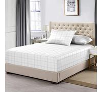 Pizuna 100% Cotton White Big Checks SuperKing Fitted Sheet, 300 Thread Count Long Staple Cotton Damask Bedding, 180x200cm Fitted Sheets with 40 cm Deep Pocket Checked Bedding (Sateen Fitted Sheet)