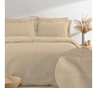 Pizuna 300 Thread Count Cotton Checked Duvet Cover Set Taupe, 100% Long Staple Cotton, Sateen Weave Light Weight Damask Pattern Double Taupe Bedding Set with 4 Corner Ties and Hidden Button Closure