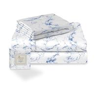 Pizuna Cotton Carrara Marble Blue Print Single Bed Sheets Set, 400 Thread Count 100% Long Staple Cotton Printed Bedding Sets Includes 1 Fitted Sheet, 1 Flat Sheet, 1 Pillowcase (Bed Sheets Single Bed)