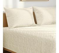 Pizuna Cotton Quilted Bedspread Super King Size 260x260 cm, Embroidered Bedding Set 3 pc, Luxury Cotton Bed Spread with Soft Polyfill & 2 Pillow Cases 50x75 cm, Warm Quilt Set - New Ivory