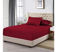 Pizuna Cotton Red Big Checks Fitted Bed Sheets Double, 300 Thread Count 100% Long Staple Cotton Damask Bedding, Sateen 140cm x 200cm Double Fitted Sheet Deep Fit upto 40 cm (Checked Bedding Double)