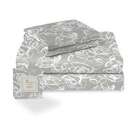 Pizuna Cotton Simply Floral Silver Print Double Bed Sheet Set 400 Thread Count 100% Long Staple Sateen Cotton Printed Bedding Set Includes 1 Fitted Sheet 1 Flat Sheet 2 Pillowcases(Printed Bed Sheets)