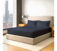 Pizuna Pure Cotton 600 Thread Count Double Fitted Sheet with 2 Pillowcases, Dark Blue 100% Long Staple Cotton, Soft Sateen Weave 40 cm Deep Fitted Sheets Double Bed