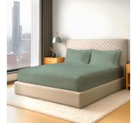 Pizuna Pure Cotton 600 Thread Count Fitted Sheet King Size with 2 Pillowcases, Sea Foam 100% Long Staple Cotton, Soft Sateen Weave 40 cm Deep Fitted King Size Sheet