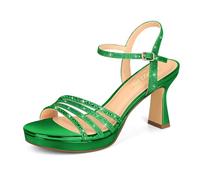 PIZZ ANNU Lena Women's Platform Heels High Block Chunky Sparkly Rhinestone Open Toe Ankle Strap Fashion Dress Pump Sandals Shoes for Party Wedding, Kelly Green, 6 UK