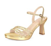 PIZZ ANNU Lena Women's Platform Heels High Block Chunky Sparkly Rhinestone Open Toe Ankle Strap Fashion Dress Pump Sandals Shoes for Party Wedding, Gold, 7 UK