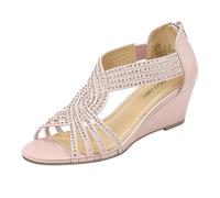PIZZ ANNU Women's Diana Low Wedge Sandals Sparkly Rhinestone Open Toe Fashion Dress Shoes for Woman Lady in Bridal Dance Evening, Rose Gold, 7.5 UK