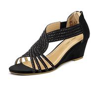 PIZZ ANNU Women's Diana Low Wedge Sandals Sparkly Rhinestone Open Toe Fashion Dress Shoes for Woman Lady in Bridal Dance Evening, Black, 6 UK