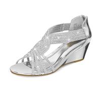 PIZZ ANNU Women's Diana Low Wedge Sandals Sparkly Rhinestone Open Toe Fashion Dress Shoes for Woman Lady in Bridal Dance Evening, Silver Patent, 5 UK