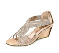 PIZZ ANNU Women's Diana Low Wedge Sandals Sparkly Rhinestone Open Toe Fashion Dress Shoes for Woman Lady in Bridal Dance Evening, Royal Blue, Champagne Patent, 6 UK