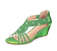 PIZZ ANNU Women's Diana Low Wedge Sandals Sparkly Rhinestone Open Toe Fashion Dress Shoes for Woman Lady in Bridal Dance Evening Green, Green, 5.5 UK