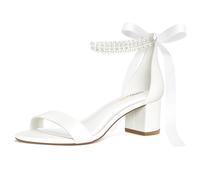 PIZZ ANNU Women's Low Block Chunky Heels Sandals Comfortable Open Toe Ankle Strap Party Dress Pump Shoes Strappy Buckle Heeled Sandal with 2 Inches Tall Thick Heel Design, White Pearl, 4.5 UK