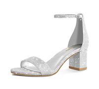 PIZZ ANNU Women's Low Block Chunky Heels Sandals Comfortable Open Toe Ankle Strap Party Dress Pump Shoes Strappy Buckle Heeled Sandal with 2 Inches Tall Thick Heel Design, Silver Glitter, 6.5 UK