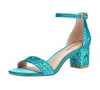 PIZZ ANNU Womens Sandals Mid Block Heel Ankle Strap Wedding Shoes for Bride Open Toe Ladies Sparkly Glitter Evening Party Blue Sequin Size 9