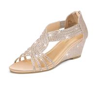 PIZZ ANNU Womens Sandals Mid Wedge Heel Sparkly Glitter Shoes for Ladies Strappy Rhinestones Bridal Wedding Prom Party Rose Gold Size 3