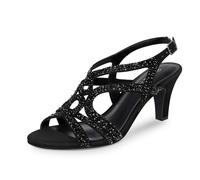 PIZZ ANNU Womens Sandals Sparkly Rhinestones Strappy Kitten Heels Ladies Wedding Shoes for Women Bride Slingback Summer Prom Party Black Size 5
