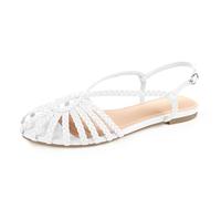 PIZZ ANNU Women's Sophia Braided Flat Sandals Comfortable Memory Foam Walking Shoes Summer Gladiator Slingback Ankle Strap Strappy Sandals, White, 4.5 UK